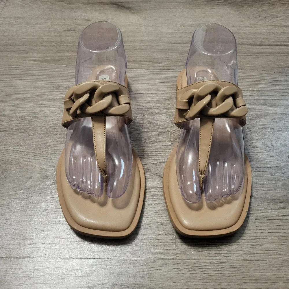 Steve Madden Ariellah Tan Chain Link Square Toe Thong Sandals Womens 8.5 Nude